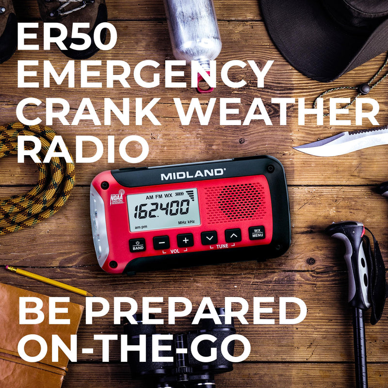 Midland ER50 Emergency Radio with Weather Alert and Flashlight - Hand Crank or Solar Power NOAA Weather Radio for Home or Travel with AM/FM Tuner