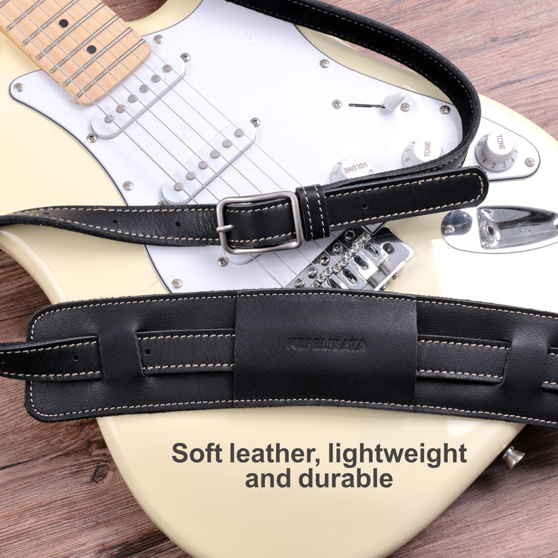 Nefelibata Guitar Strap/Bass Strap with Shoulder Pad and Bavarian Tumbled Cowhide Lining for Acoustic Guitar/Electric Guitar/Bass Black