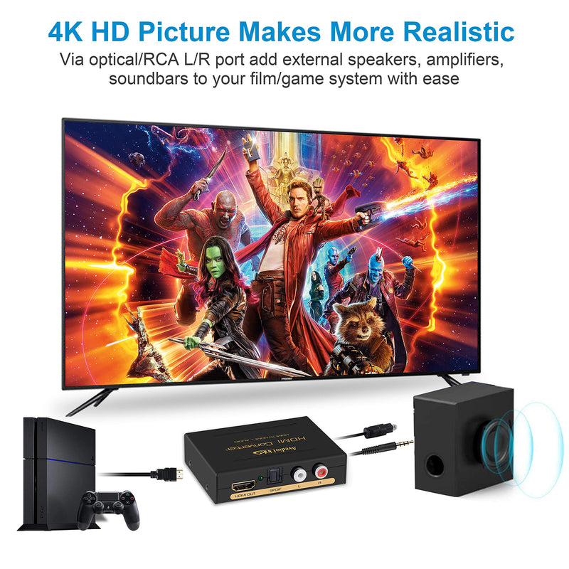4K HDMI Audio Extractor Splitter, avedio links 1080P HDMI to HDMI Audio Converter + Optical Toslink SPDIF + RCA L/R Stereo Analog Audio, HDMI Audio Adapter for Fire Stick, Blu-Ray Player
