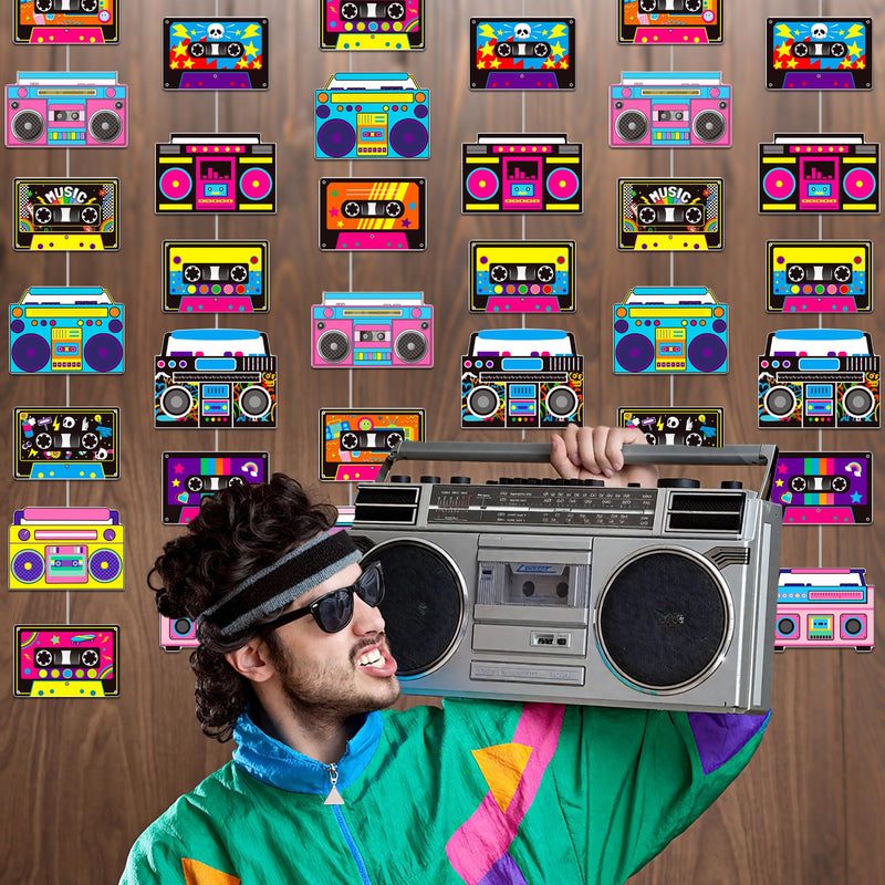 Cassette Tape and Boom Box Garlands 6PCS 80s Party Decorations Retro Radio Cassette Tape Paper Garland Banners 1980s Hanging Decor for 70s 90s Hip Hop Theme Birthday Party Supplies