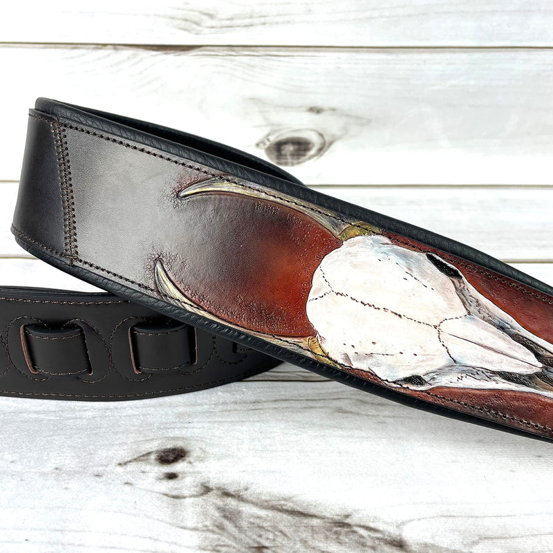 Walker And Williams KB-62 Handmade Carved Longhorn Skull Guitar Strap On Bourbon Brown Leather For Acoustic, Electric, And Bass Guitars
