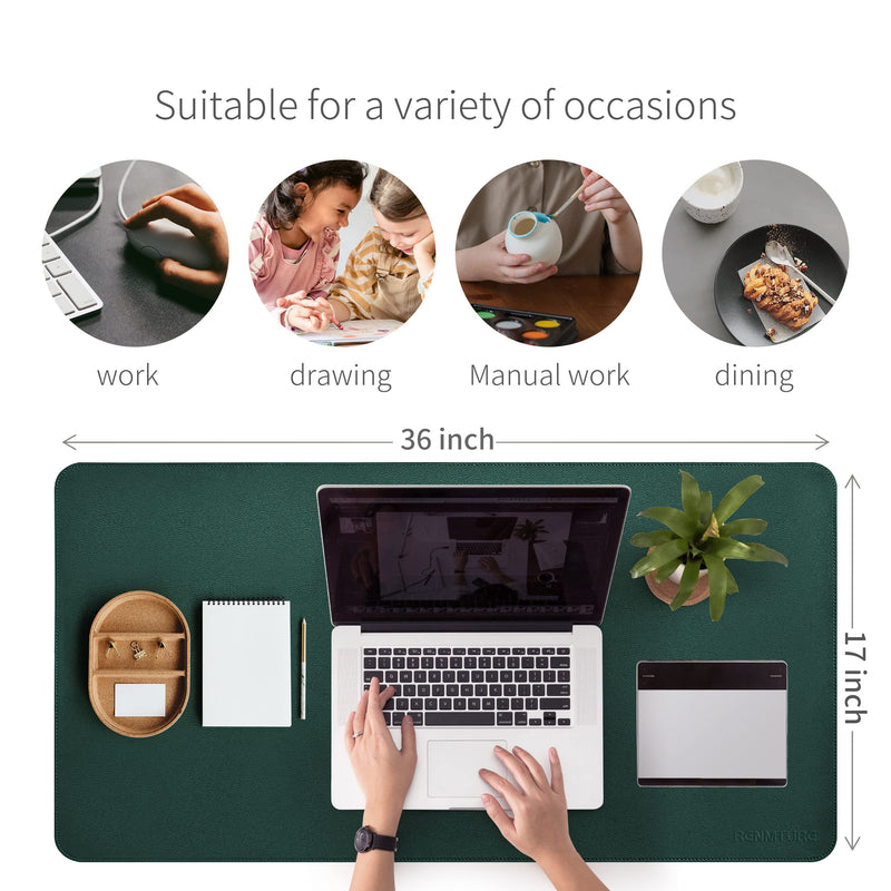 RENMTURE Dual-Sided Desk Pad,Natural Cork & PU Leather Large Mouse mats for Office and Home Work,Desk Protector Non-Slip (36"x17",Dark Green+Cork ) Dark Green