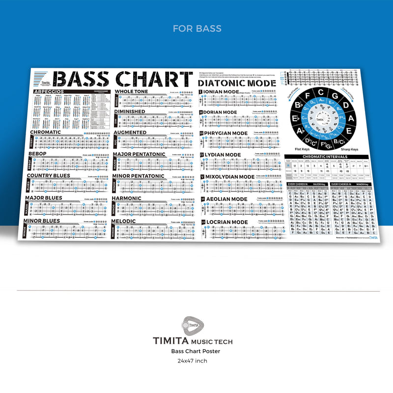 Bass Scales Modes Chart of Pentatonic | Blues | Harmonic Minor | Melodic Minor & Diatonic Mode, Basses Guitar Wall Poster for Beginners Adult or Kid Bass Guitar Poster