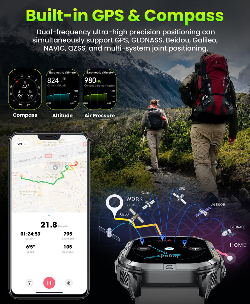 Joautrial Military Smart Watch for Men Built-in GPS with LED Flashlight Compass, 2.13" AMOLED Tactical Smart Watches with Answer/Make Calls, 3ATM Waterproof Fitness Tracker for iPhone Android (Black) Black