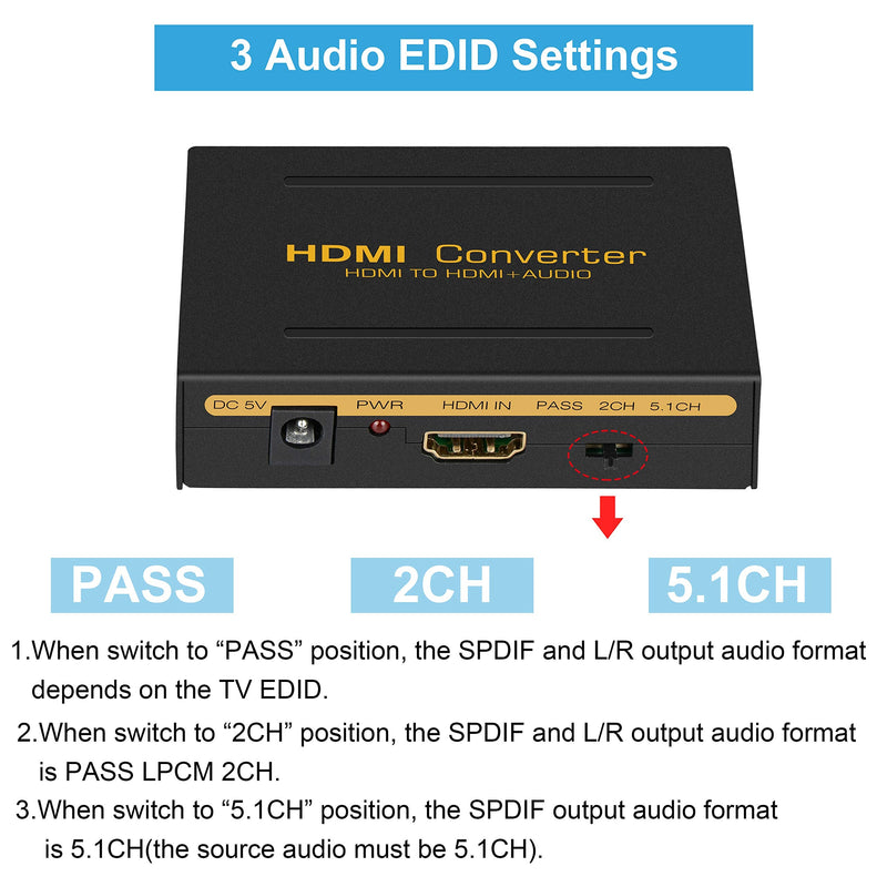 4K HDMI Audio Extractor Splitter, avedio links 1080P HDMI to HDMI Audio Converter + Optical Toslink SPDIF + RCA L/R Stereo Analog Audio, HDMI Audio Adapter for Fire Stick, Blu-Ray Player