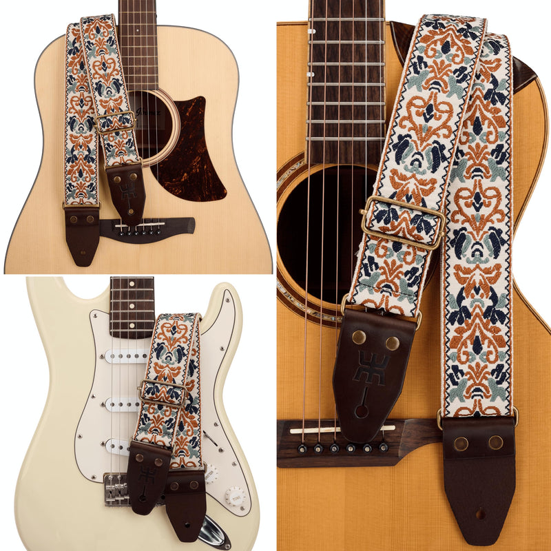 [AUSTRALIA] - Amumu Beige Brown Spades Heart Embroidery Guitar Strap - Vintage Style with Top Grain Cowhide Leather Ends & Pick Pocket - Fits Bass, Electric, Acoustic Guitars 