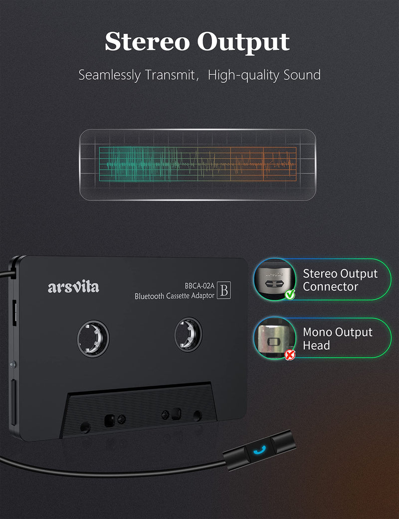 arsvita Bluetooth 5.0 Cassette to Aux Adapter for Car, Tape Audio Adapter, Hands-Free Call, Charcoal Black