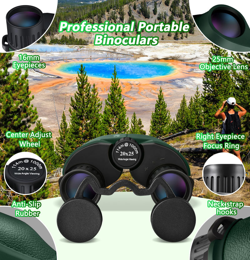 Small Compact Binoculars Adults Kids - 20x25 Mini Pocket Binocular for Bird Watching, Waterproof Portable Powerful Binocular, Lightweight High Powered Easy Focus Binoculars for Concert, Outdoor Hiking