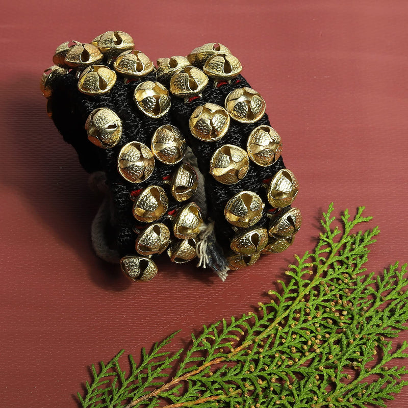 Dancing Bells Anklet Ghungroo with Colored Cushion Pad 2 Line with (20+20) Bells Best For Indian Classical Dance, Indian Style Brass Ankle Bells (BLACK) BLACK