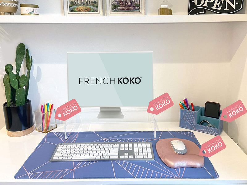 French Koko Large Mouse Pad, Long Desk Mat Keyboard Pad Desktop Accessories Home School College Decor Supplies Pretty Mousepad Big Computer Office Essentials Women Girls XL Cute Pink Blue Cutesy Glam 30" x 15"