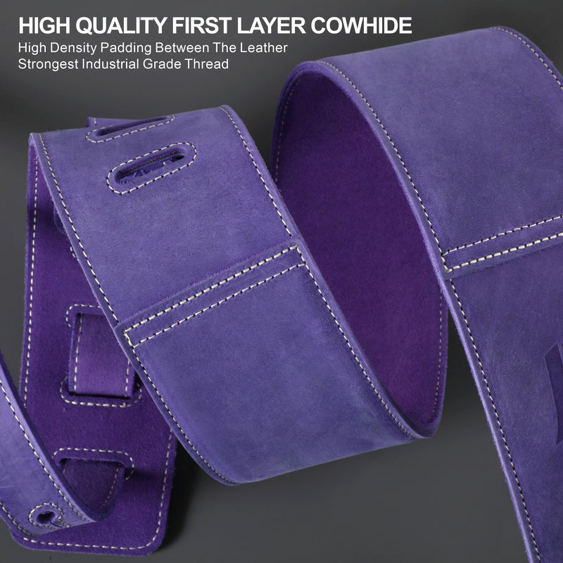 Nefelibata 3" Guitar Strap in First Layer Leather with Foam Padding and Cable Storage Loops for Bass, Electric and Acoustic Guitars (Lavender Purple) Lavender Purple
