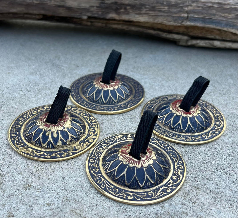 Belly Dancing Floral Lotus Pro Finger Zills Cymbals Hand Crafted Solid Brass Blue