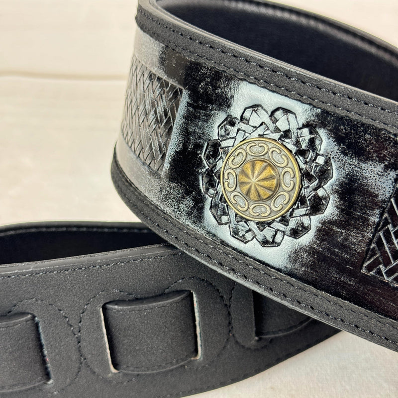 [AUSTRALIA] - Walker & Williams GE-102 Antique Black Padded Strap With Tooled Barcelona Weave And Brass Conchos 