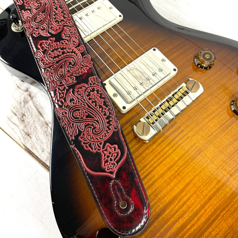 Walker & Williams GB-30 Handmade Fire Wine Red Padded Leather Guitar Strap with Vintage Paisley Pattern For Acoustic, Electric, And Bass Guitars