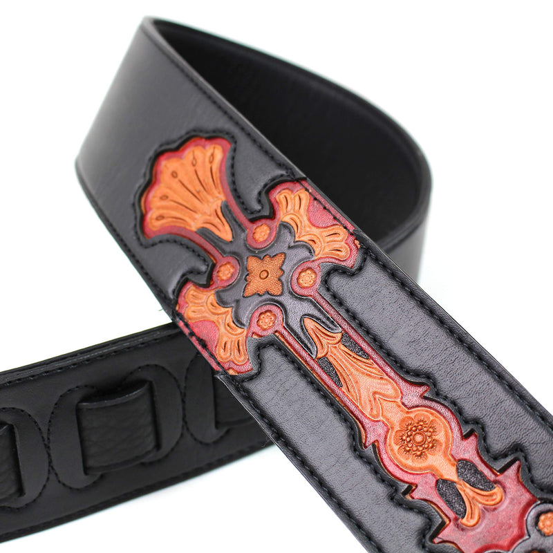 Walker & Williams CVG-23-BB Handmade Black On Black Padded Guitar Strap With Red Leather Hand Tooled Christian Cross Design For Acoustic, Electric, And Bass Guitars