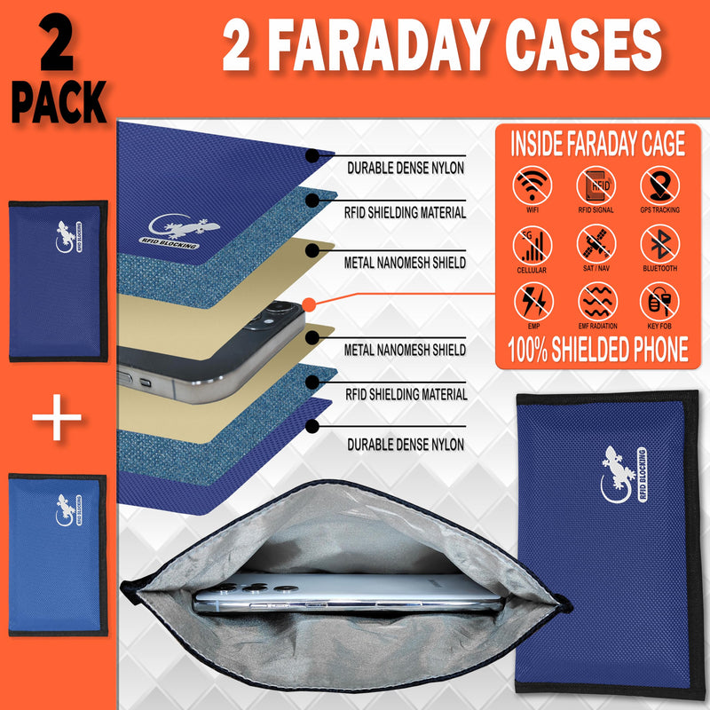 Faraday Bag Anti-Tracking GPS RFID Car Key Signal Blocker Wallet Shielding Pouch Protective Case for Cell Phone Car Key FOB, Data Privacy, Electronic Device Security (2 PACK - BLUES) 2 PACK - BLUES