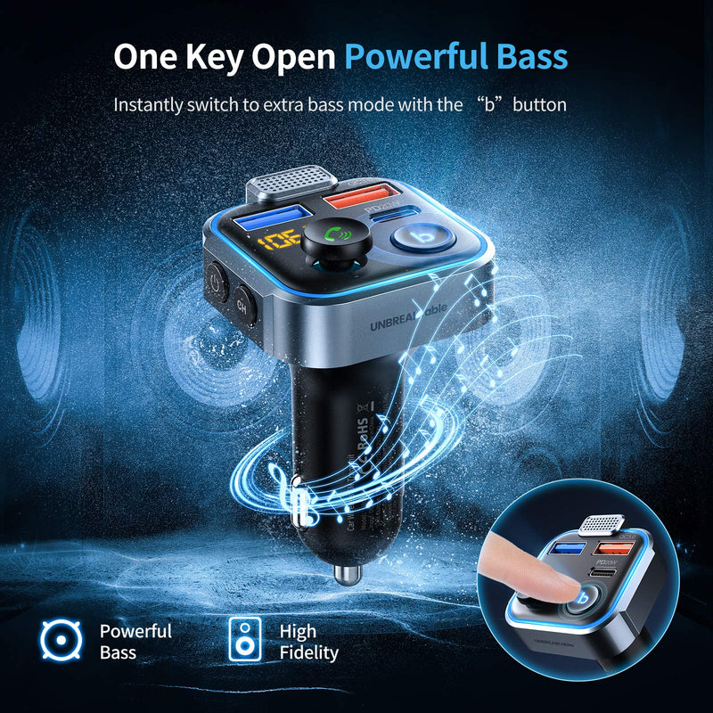 UNBREAKcable Bluetooth 5.3 FM Transmitter for Car, [PD 20W + QC 3.0] [Stronger Microphone & HiFi Bass Sound] Cigarette Lighter Radio Music Adapter Charger, Supports Hands-Free Siri Google Assistant Blue