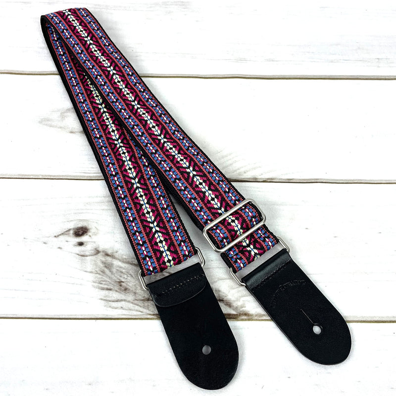[AUSTRALIA] - Walker And Williams H-19-M Vintage Series Guitar Strap Red, Blue & Cream Yucatan Style Weave With Thick Leather Ends For Acoustic, Electric, And Bass Guitars 
