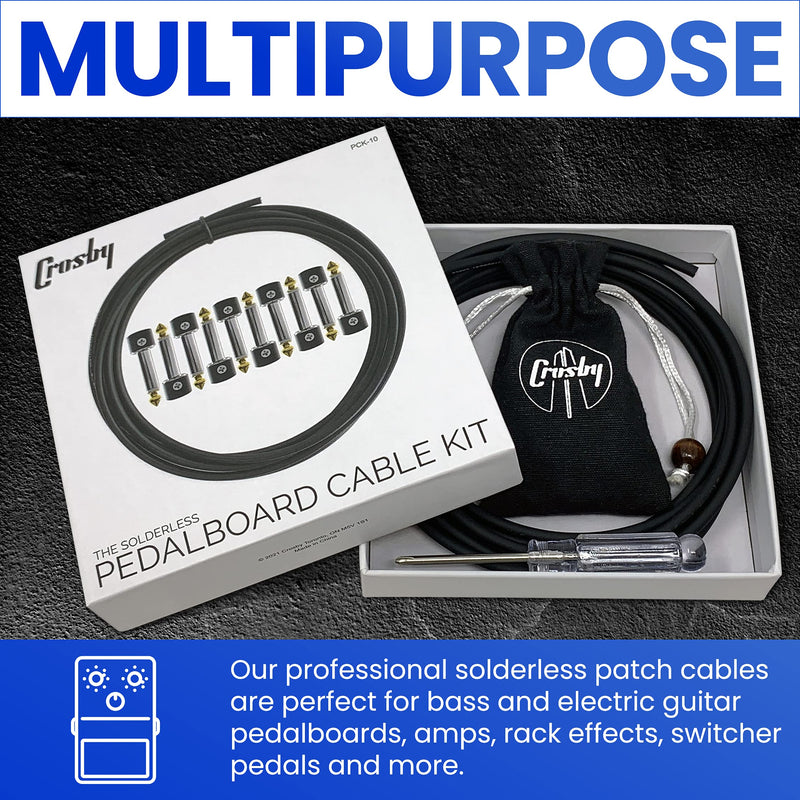 Crosby Solderless Pedalboard Cable Kit - No Cable Stripping Required, 10 Feet of Cable & 10 Gold Tip Connectors with Magnetic Screws & Screwdriver Make 5 DIY Custom Patch Cables 10 Pack of Gold Tip Connectors with 10ft of Cable