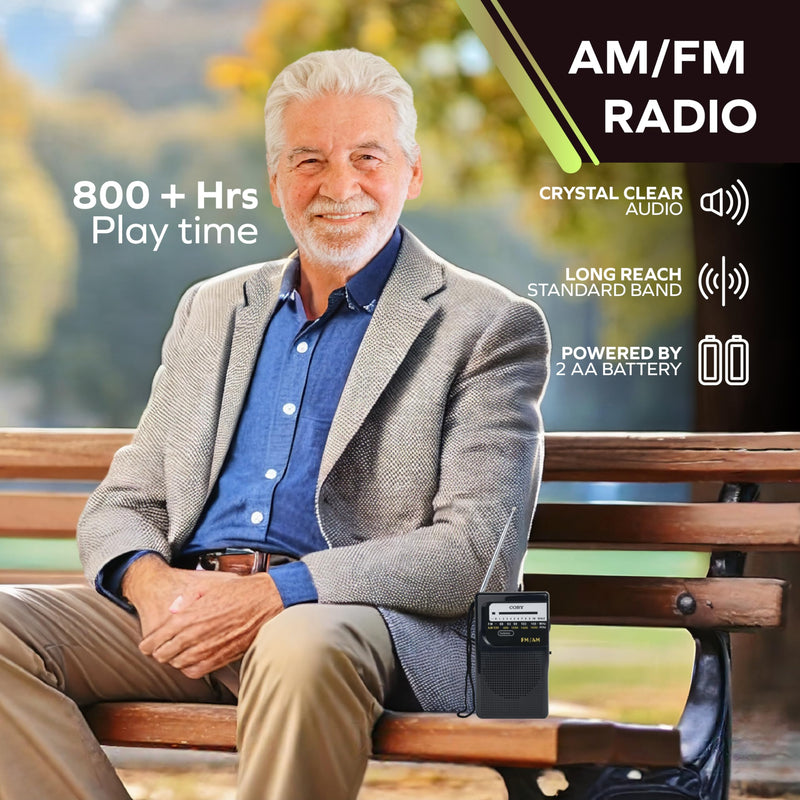 [AUSTRALIA] - Coby Portable AM/FM Radio – Retro Battery Operated Pocket Radio with Powerful Speakers, Long 800-Hour Battery, Clear Reception, Emergency & Travel Transistor Device for Home or Outdoors B-Black 