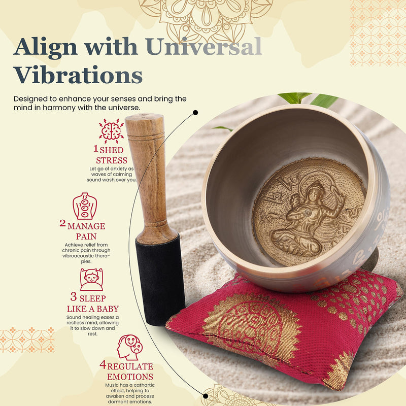 Ajuny Tibetan Singing Bowl Set for Meditation Yoga Chakra Healing Stress Relief Mindfulness Handmade Brass Sound Bowl with Stick and Cushion Unique Spiritual Gifts for Women & Men (Gold Beige) Gold-Beige