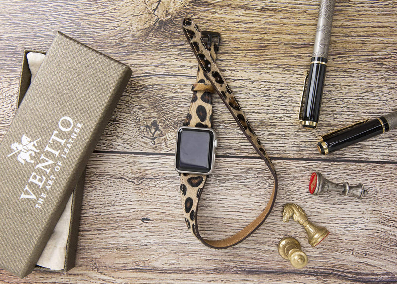 Venito Serena Slim Double Wrap Leather Watch Band Compatible with Apple Watch iwatch Series 1, 2, 3, 4, 5, 6, 7, SE (Furry Leopard w/Black Stainless Steel Hardware, 38mm-40mm)