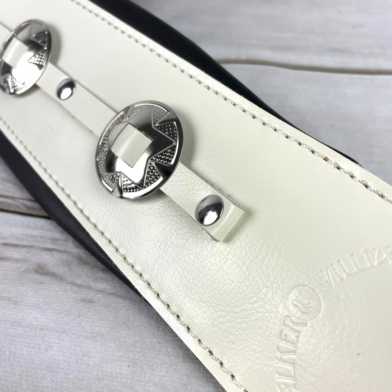 Walker & Williams C-44-WHT Aged White Premium Grain Leather Padded Guitar Strap 3" Wide With Nickel Conchos For Acoustic, Electric, And Bass Guitars