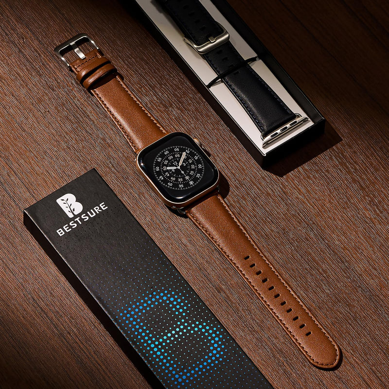 BESTSURE Leather Band Compatible with Apple Watch for Men and Women, Classic Genuine Leather Watch Strap, Fits Ultra/SE/Series 11–3(49/46/45/44/42mm) Brown 42mm/44mm/45mm/46mm/49mm