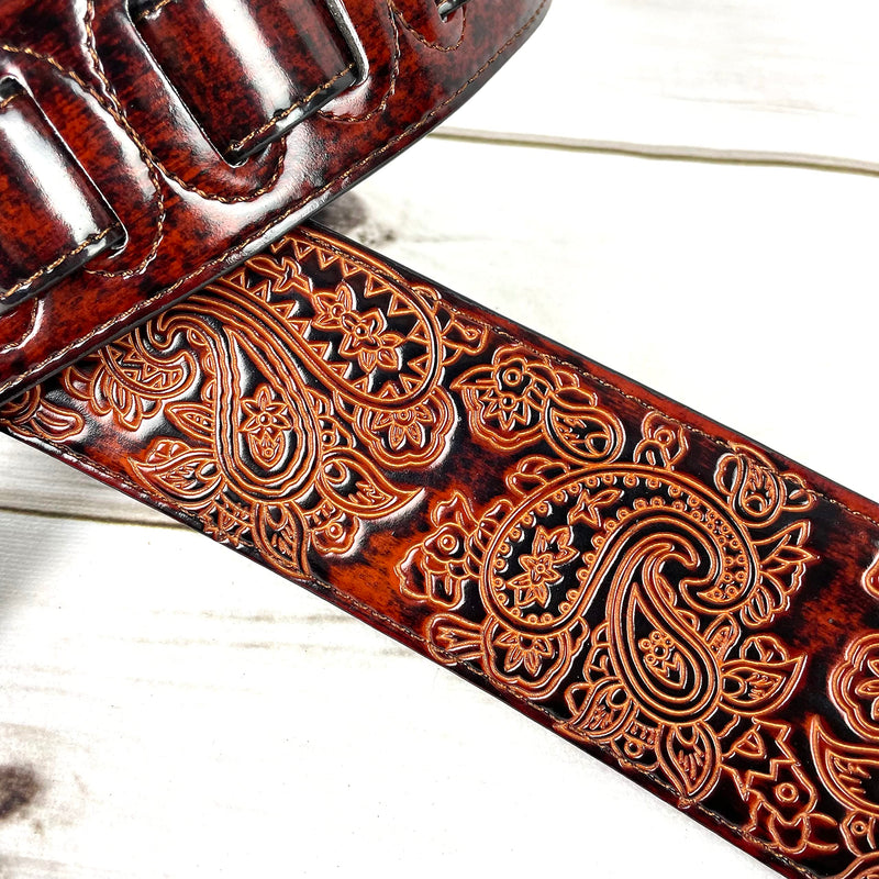 Walker And Williams GB-32 Handmade Bourbon Brown Padded Guitar Strap with Vintage Paisley Pattern For Acoustic, Electric, And Bass Guitars