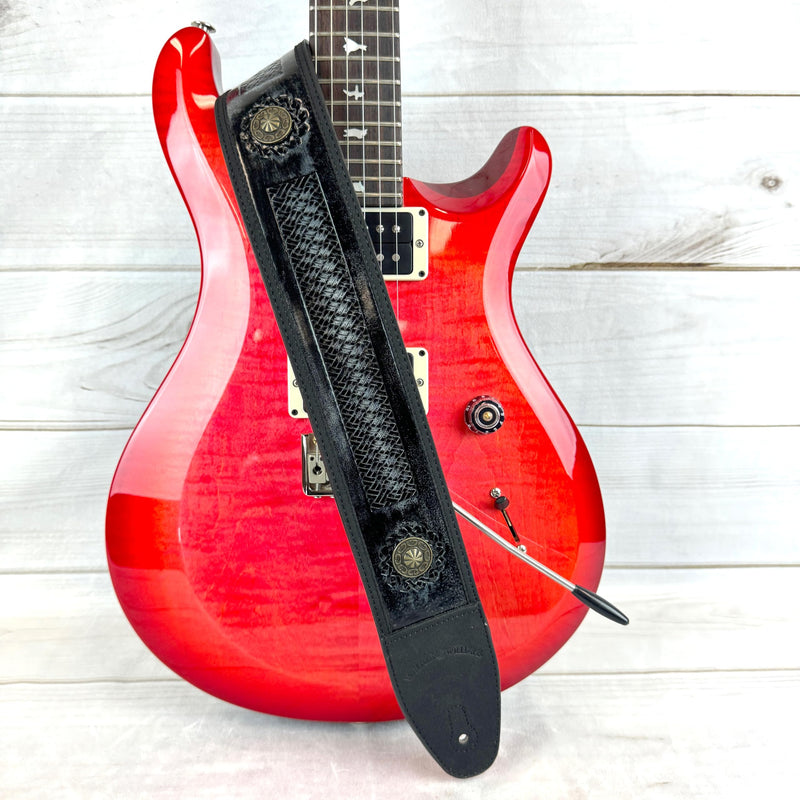 [AUSTRALIA] - Walker & Williams GE-102 Antique Black Padded Strap With Tooled Barcelona Weave And Brass Conchos 