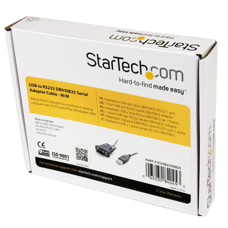StarTech.com USB to Serial Adapter - 3 ft / 1m - with DB9 to DB25 Pin Adapter - Prolific PL-2303 - USB to RS232 Adapter Cable (ICUSB232DB25),Gray DB9 or DB25