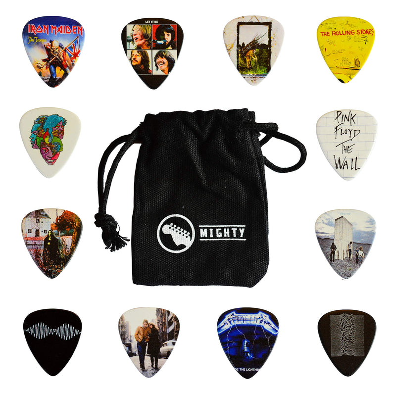 12 x Classic Albums Guitar Picks Set Guitar Plectrums For Every Guitarist Both Sided Print Pick In Pick Tin Sized 0.46, 0.71, 0.81, 0.88, 0.96, 1.2 mm Electric Guitar, Acoustic Guitar And Bass (Set 2)