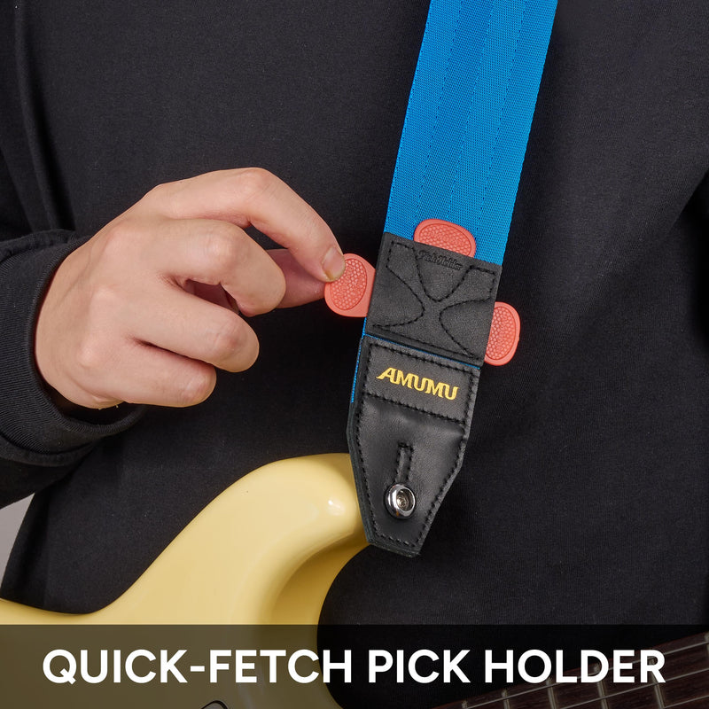 Amumu DURALINK Nylon Seatbelt Guitar Strap with Top Grain Leather Ends for Acoustic, Electric, Bass Guitar, with Quick-Fetch Pick Holder -Blue Blue