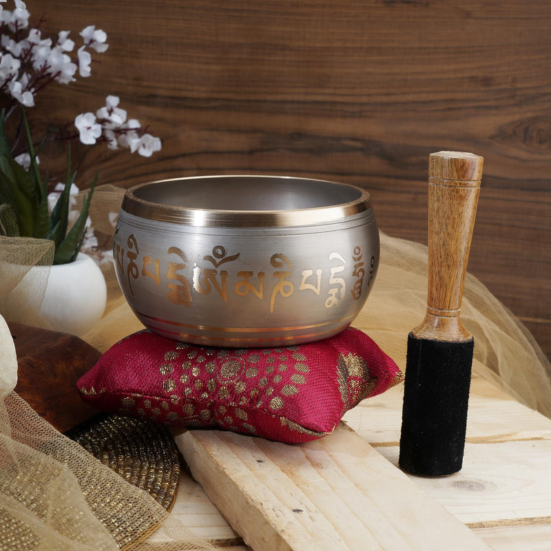 Ajuny Tibetan Singing Bowl Set for Meditation Yoga Chakra Healing Stress Relief Mindfulness Handmade Brass Sound Bowl with Stick and Cushion Unique Spiritual Gifts for Women & Men (Gold Beige) Gold-Beige