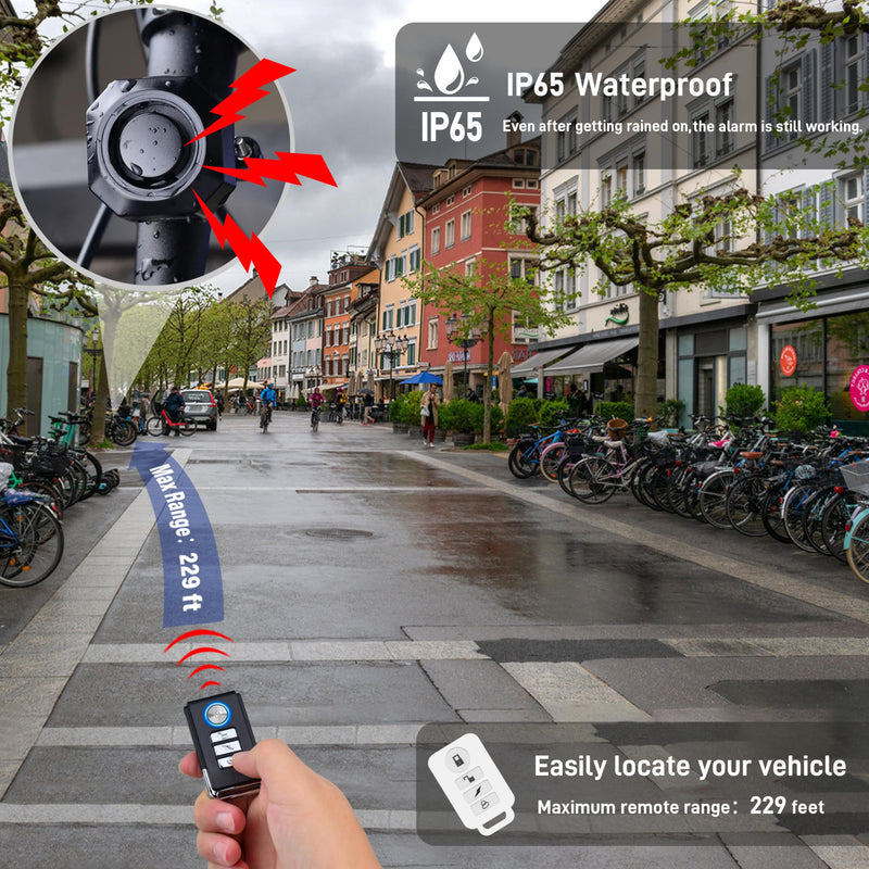 Cruxer 110dB Bike Alarm with Seatpost Bracket, USB-C Recharge with Remote | 3 Ringtone & 3 Volume & 7 Sensitivity Adjustable, IP65 Waterproof, 229FT Wireless Range, Anti-Theft Vibration, 2 Pack