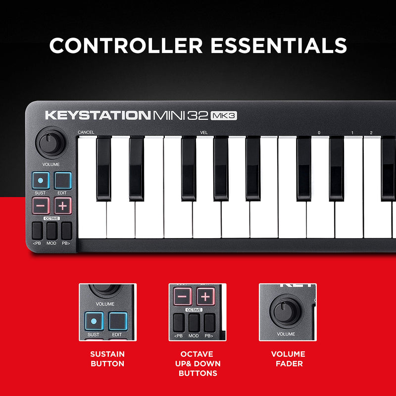 M-Audio Keystation Mini 32 MK3 - USB MIDI Keyboard Controller with 32 Velocity Sensitive Mini Keys and Recording Software Included 32 Keys