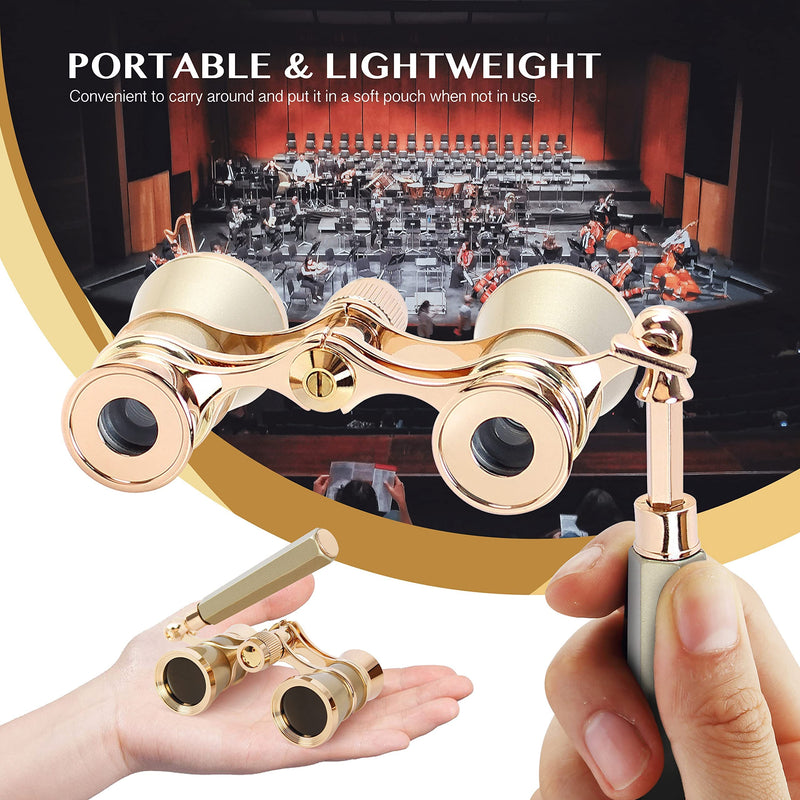 Yourelexit® Opera Glasses Binoculars 3X25 Lorgnette Theater Glasses Optical BK9 Mini Compact Lightweight Built-in Foldable Adjustable Handle Vintage for Adults Women Men in Musical Concert Cinema Gold With Handle and Neck Chain