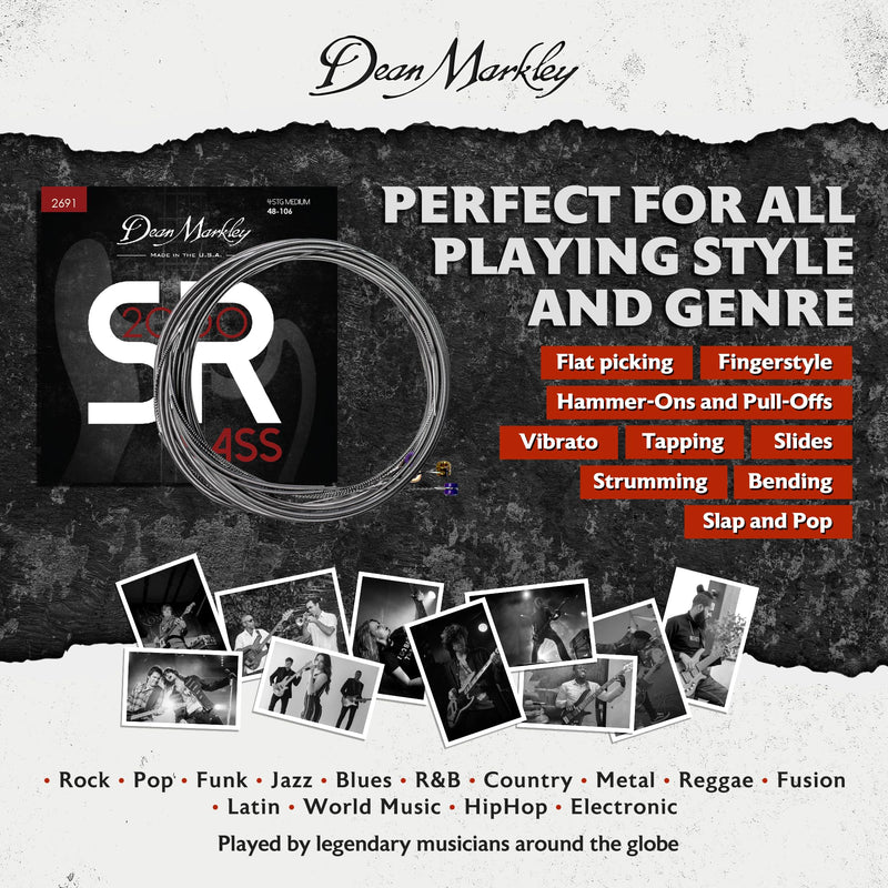 Dean Markley SR2000 Stainless Steel Bass Guitar Strings 4 String Set, 48-106 Medium 4 String Bass Guitar, Silky Smooth Bass Strings with Long Lasting and Full Tone, Made in the USA
