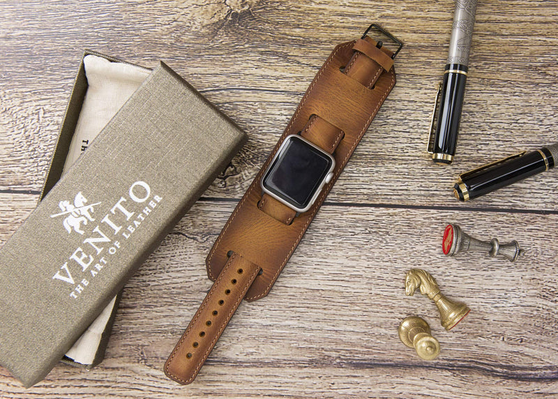 Venito Ancona Cuff Handmade Premium Leather Watch Band Compatible with Apple Watch iwatch Series 1,2,3,4,5,6,7,8,9,10,11 and SE 1,2,3 (Antique Brown w/Black Hardware)