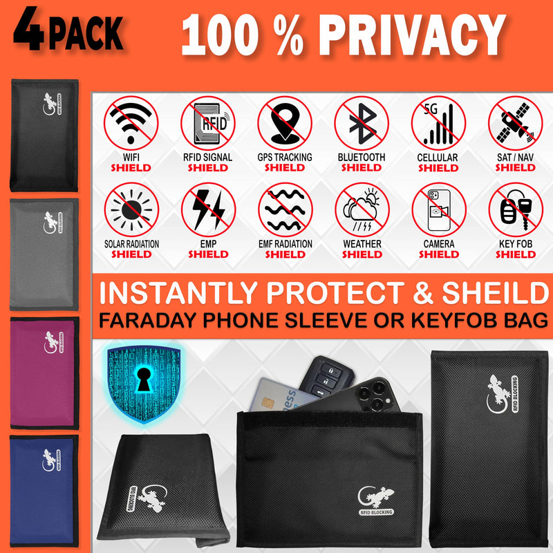Faraday Bag Anti-Tracking GPS RFID Car Key Signal Blocker Wallet Shielding Pouch Protective Case for Cell Phone Car Key FOB, Data Privacy, Electronic Device Security (4 PACK - FAMILY PACK) 4 PACK - FAMILY PACK