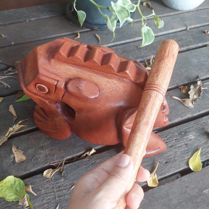 Extra Large 9" Wood Frog Guiro Rasp Percussion Instrument Tone Block Wooden Good Luck Frog Animal Shaped Figurine Handcraft Musical Instruments from Thailand Home Office Decoration (Tan) Tan
