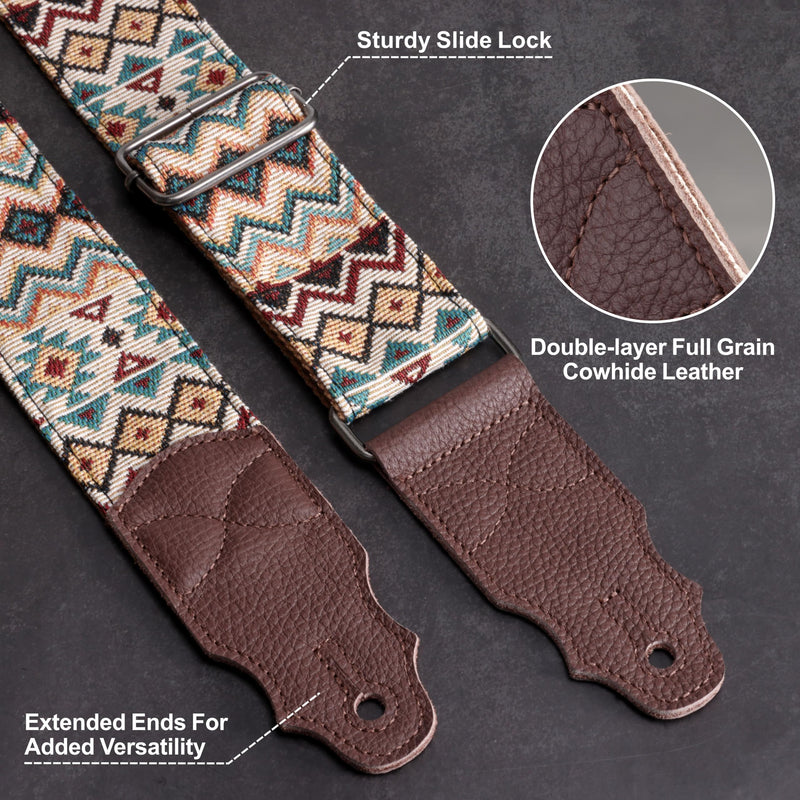 [AUSTRALIA] - Guitar Strap, Head Layer Cowhide Leather End, 2 Inches Wide, for Acoustic and Bass Electric Guitars, Free Button, 2 Strap Locks and 4 Guitar Picks Light Boho 