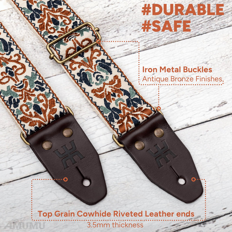 [AUSTRALIA] - Amumu Beige Brown Spades Heart Embroidery Guitar Strap - Vintage Style with Top Grain Cowhide Leather Ends & Pick Pocket - Fits Bass, Electric, Acoustic Guitars 