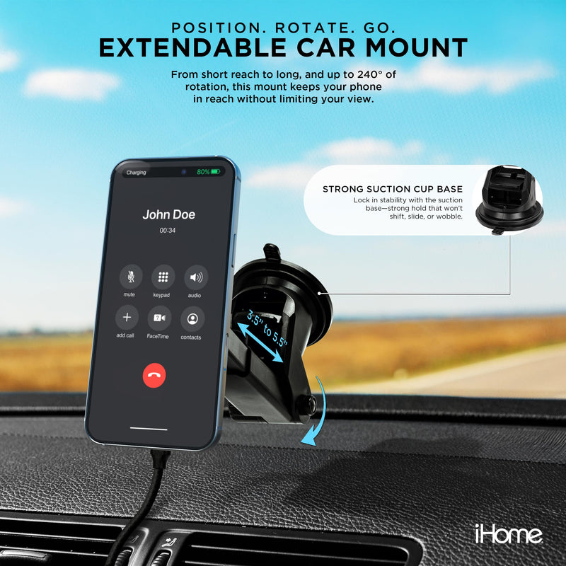 iHome 5-in-1 Complete Car Charging Kit, 15W MagSafe Charger, Dual Port Adapter, Mounts & Cable