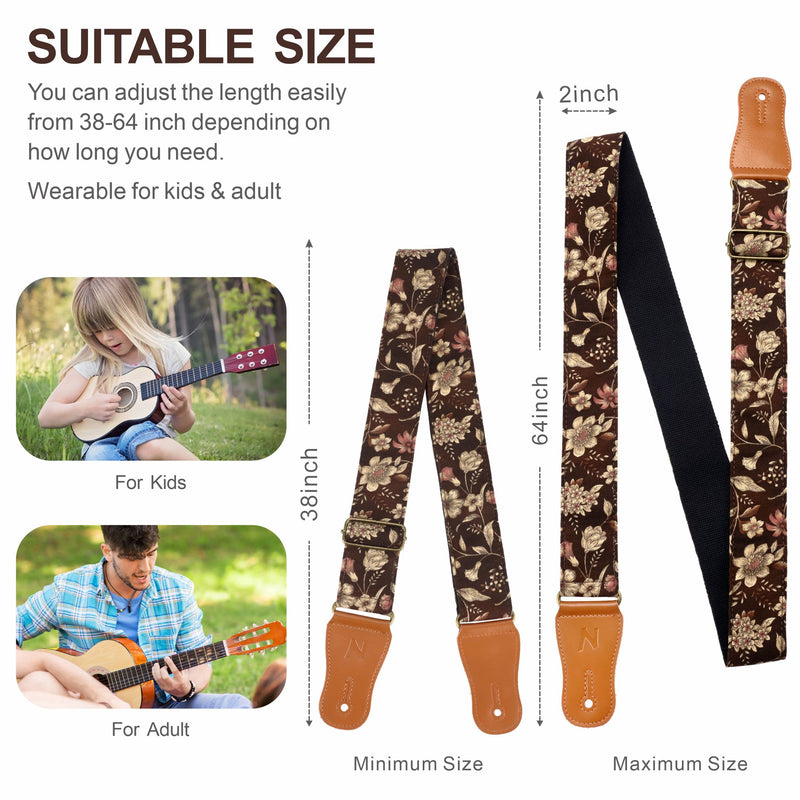 Nefelibata Cotton Guitar Strap for Acoustic Guitar, Ukulele, Headstock Strap Adapter, Guitar Picks and Strap Locks Adjustable from 38" to 64" E# - Pomegranate Flower