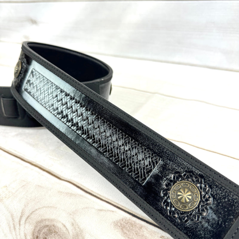 [AUSTRALIA] - Walker & Williams GE-102 Antique Black Padded Strap With Tooled Barcelona Weave And Brass Conchos 