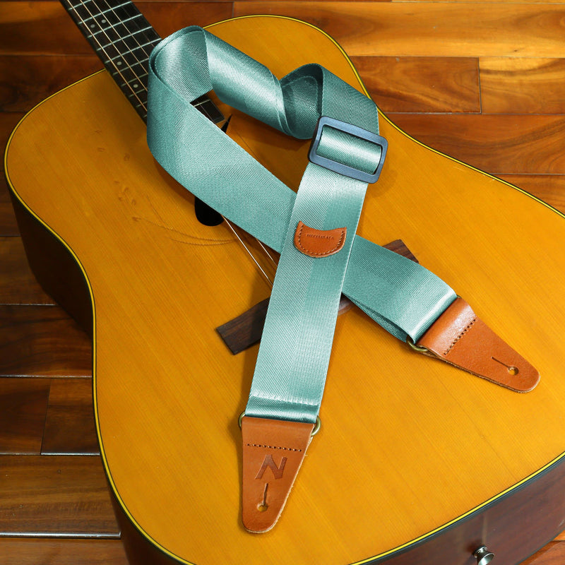 Nefelibata Guitar Strap with Pick Pocket, Vintage Nylon Full Grain Leather Ends Guitar Straps for Bass, Electric & Acoustic Guitar, Come with Free Strap Button, 1 Pair Strap Locks and 4 Guitar Picks Single Leather Ends O# - Light Green