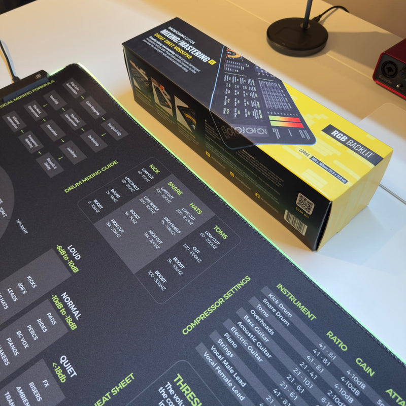 Mixing & Mastering Cheat Sheet Mousepad – 35×25cm (13.8"x9.8") & 80×30cm (31.5"x11.8") – Studio Desk Mat for Music Producers, DJs & Engineers – LED Version Available XXL with LED (800x300mm)
