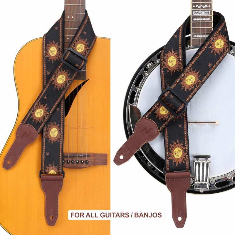 Nefelibata Banjo Strap, 2" Wide Double Full Grain Cowhide Guitar Strap Adjustable Replacement,Multi-pattern Guitar Strap With Headstock Rope and Leather Headband(Sun God Embroidery) Sun God Embroidery