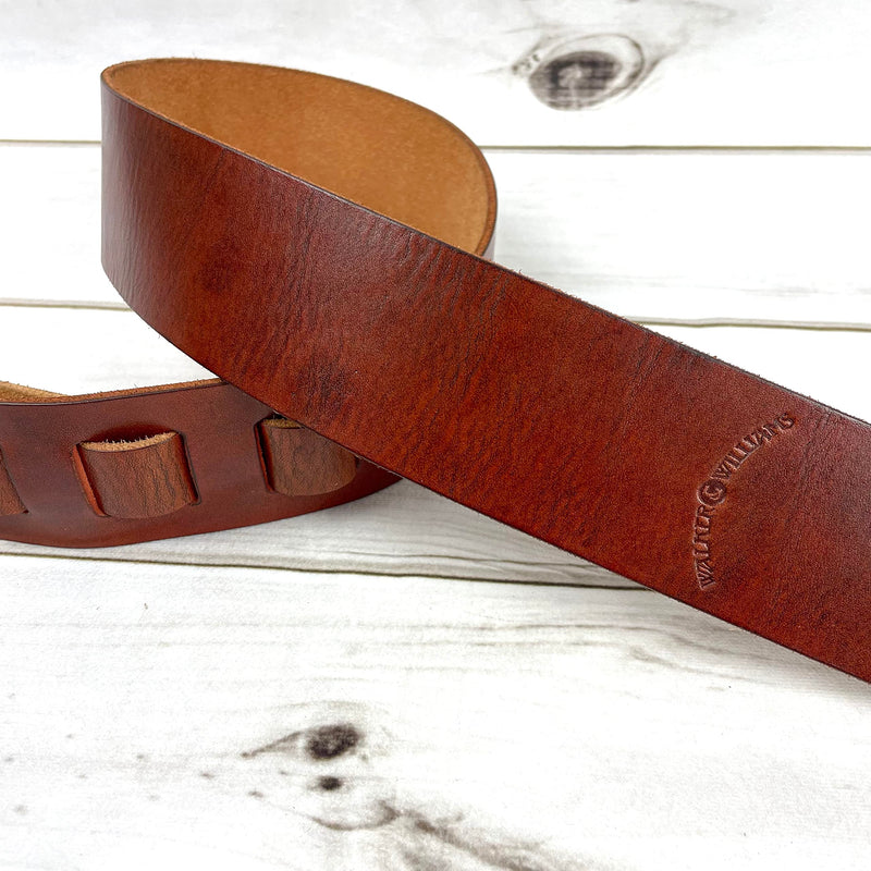 Walker & Williams S-02 Heavy Textured Whiskey Brown Full Grain Extra Thick Soft Italian Leather Rugged Finish Guitar Strap For Acoustic, Electric, And Bass Guitars